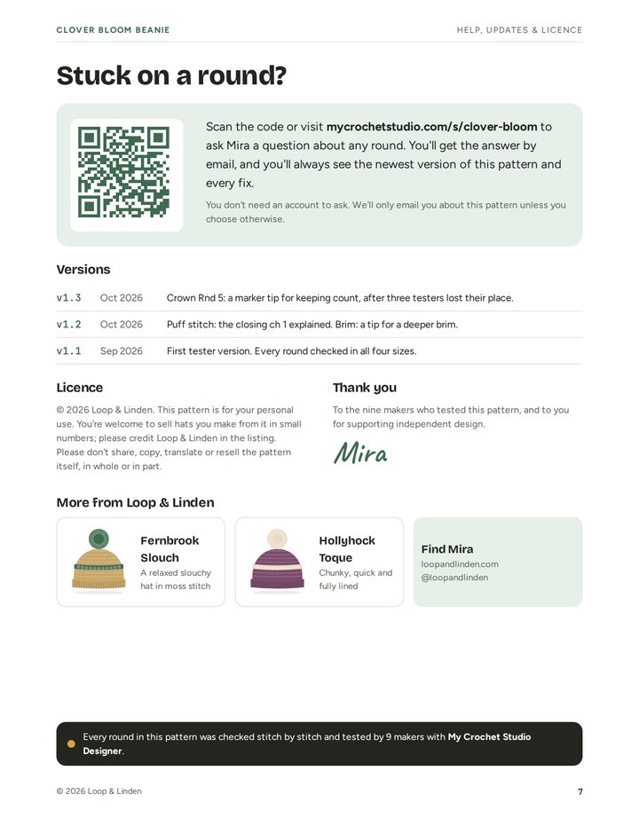 Sample pattern page: Help & versions
